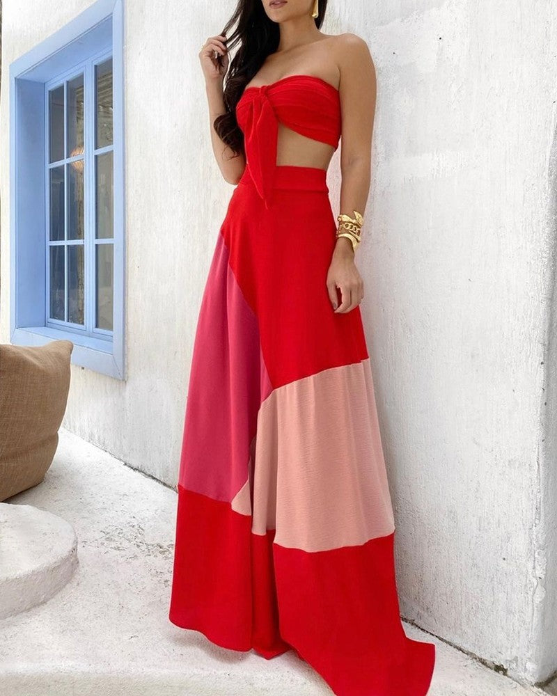 Plain Kd Bandeau Top & Color Maxi Skirt Set