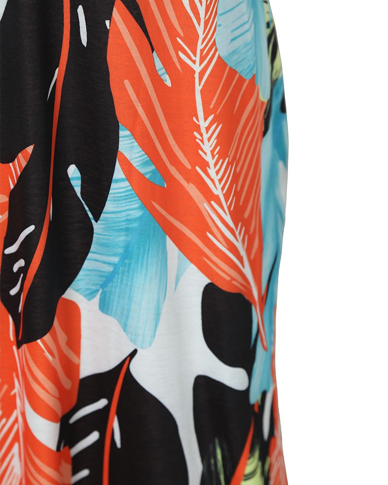 V Neck Dresses Leaf Print Casual Beach Party Swing Dress With Pockets