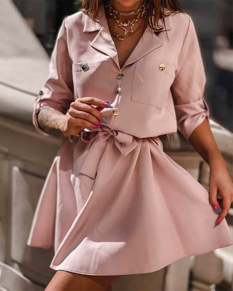 Notched Collar Button Decor Pocket Tie Front Culotte Tweed Dress