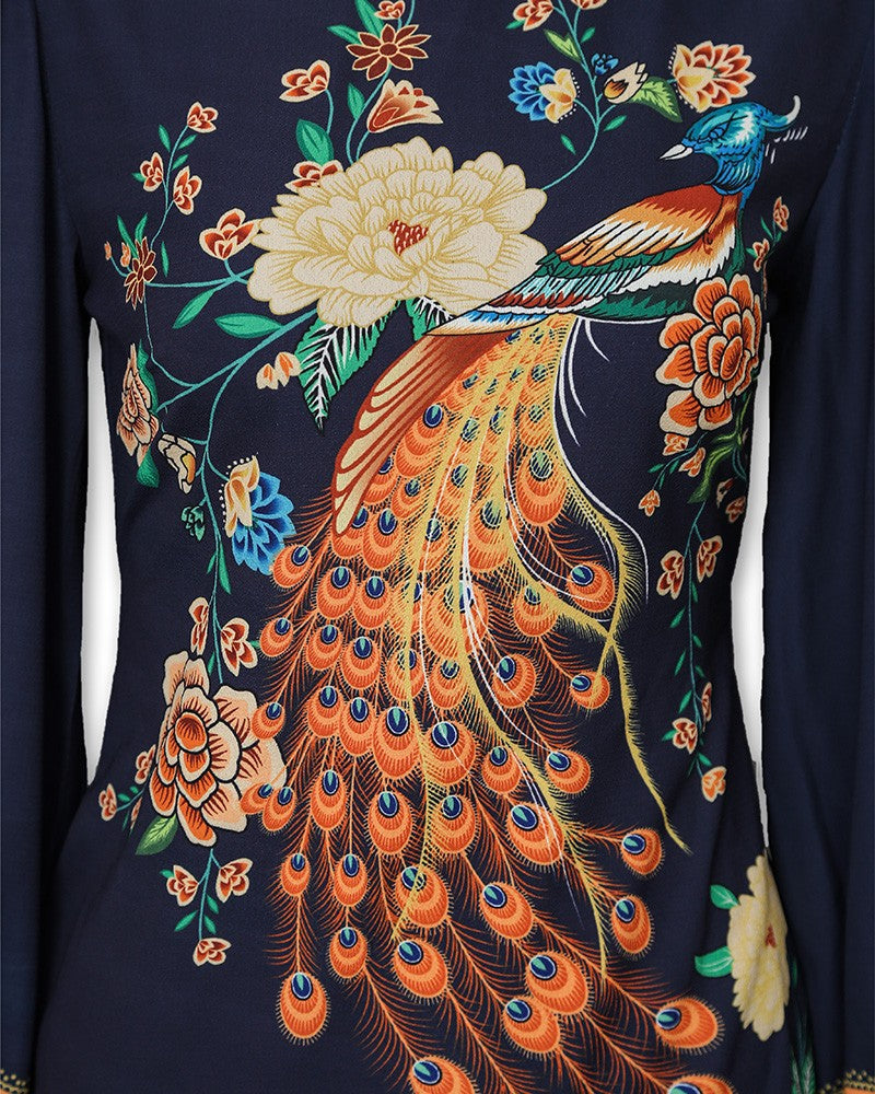 Peacock Print Cutout Back Bishop Sleeve Dress