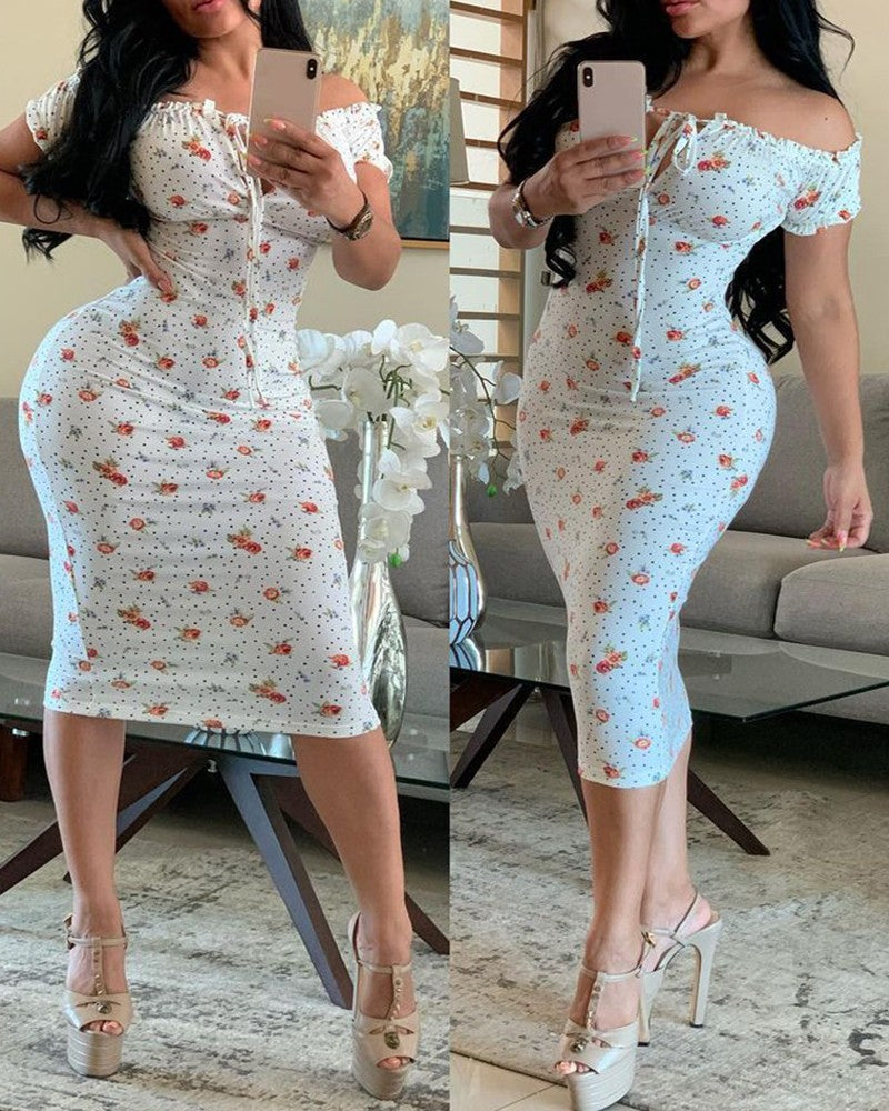 Floral Print Off Shoulder Bodycon Dress