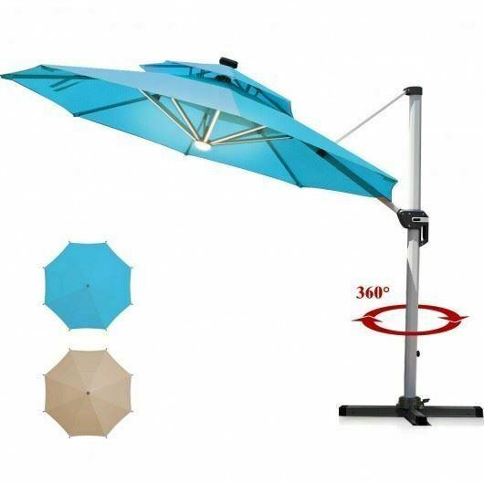 Durable 12ft 360° Rotation Aluminum Solar LED Patio Cantilever Umbrella-Green