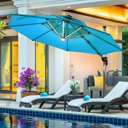 Durable 12ft 360° Rotation Aluminum Solar LED Patio Cantilever Umbrella-Green