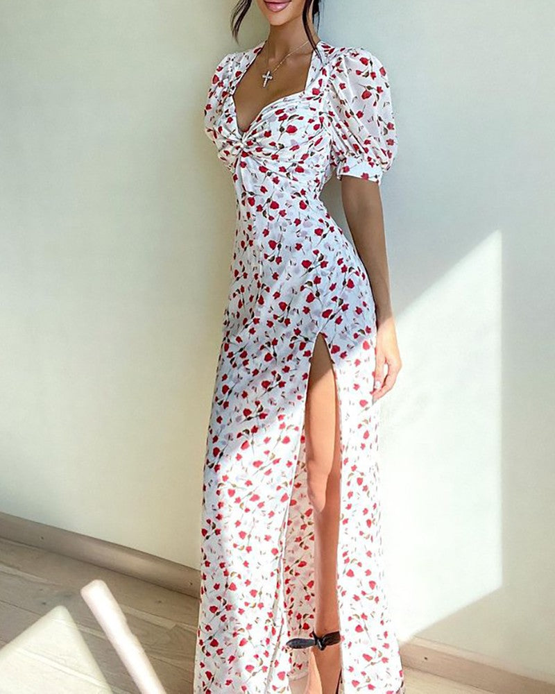 Ditsy Floral Print Ruched Slit Maxi Dress