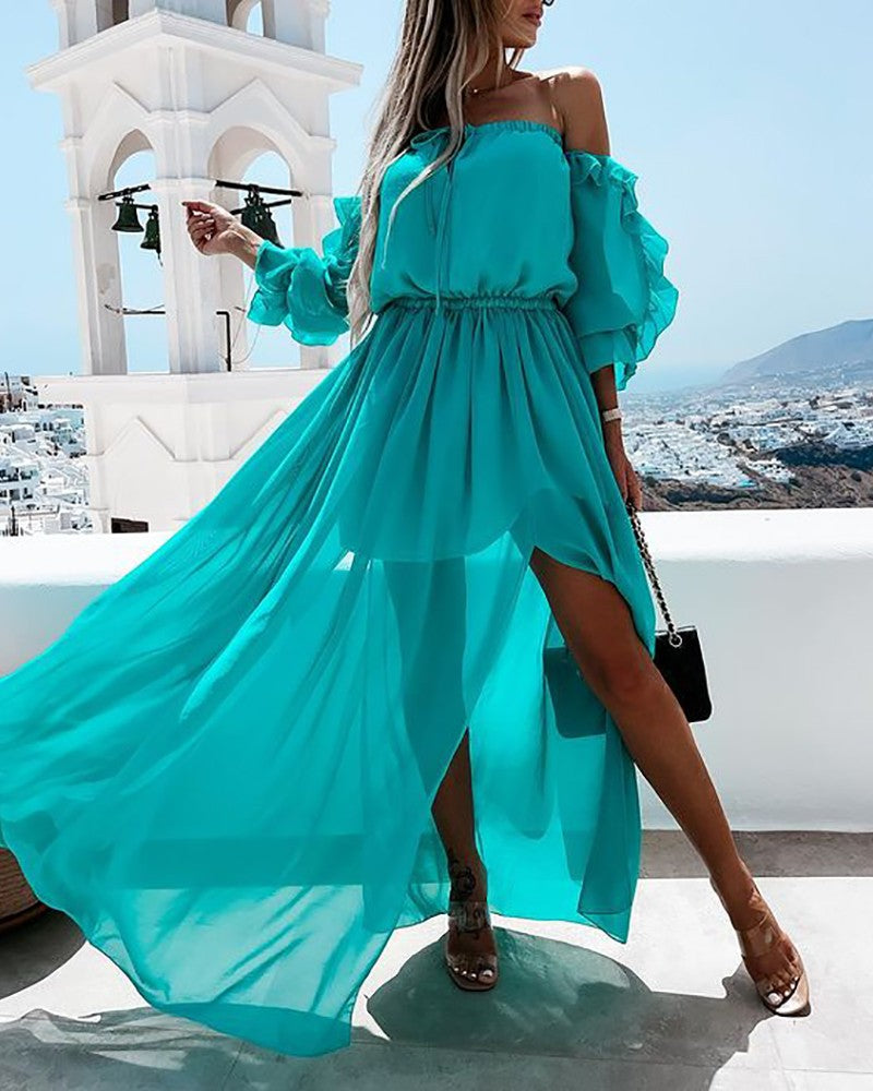 Off Shoulder Ruffle Hem High Slit Maxi Dress