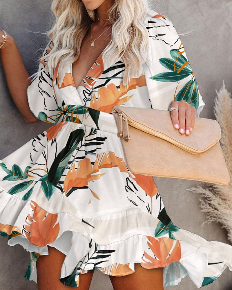 Floral Print V-Neck Ruffle Hem Dress