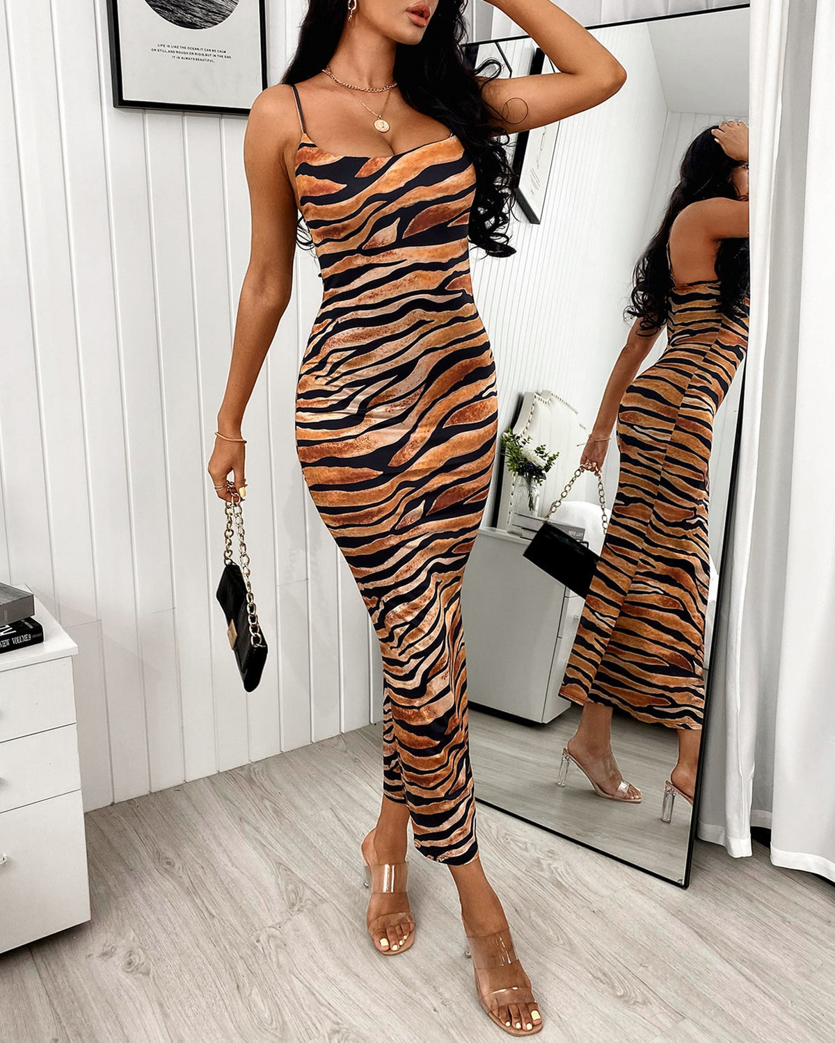 Tiger Print Square Neck Spaghetti Strap Maxi Dress