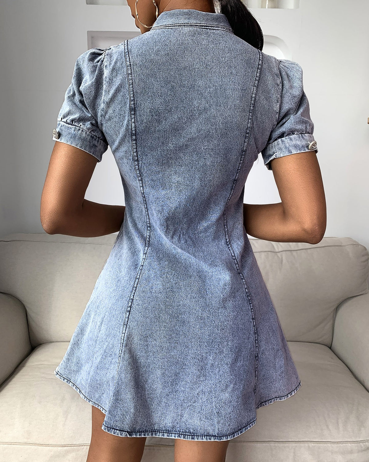 Kd Design Buttoned Short Sleeve Denim Dress