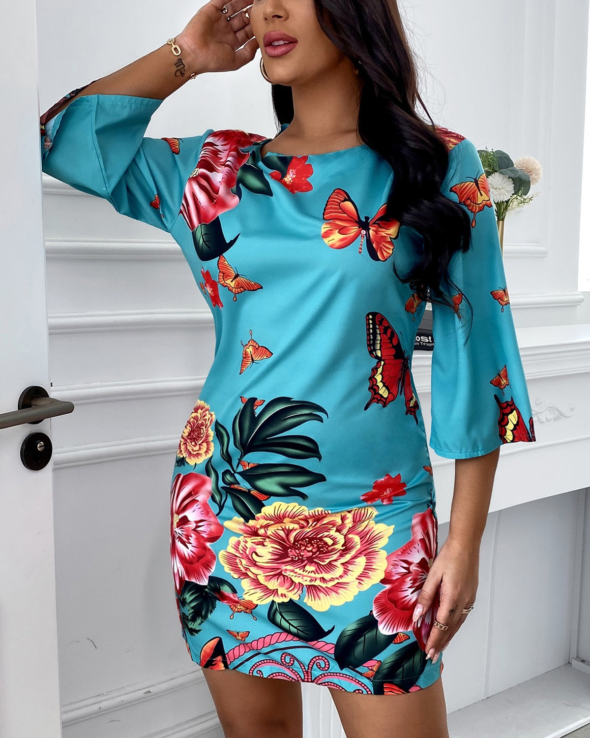 Half Sleeve Butterfly Floral Print Dress