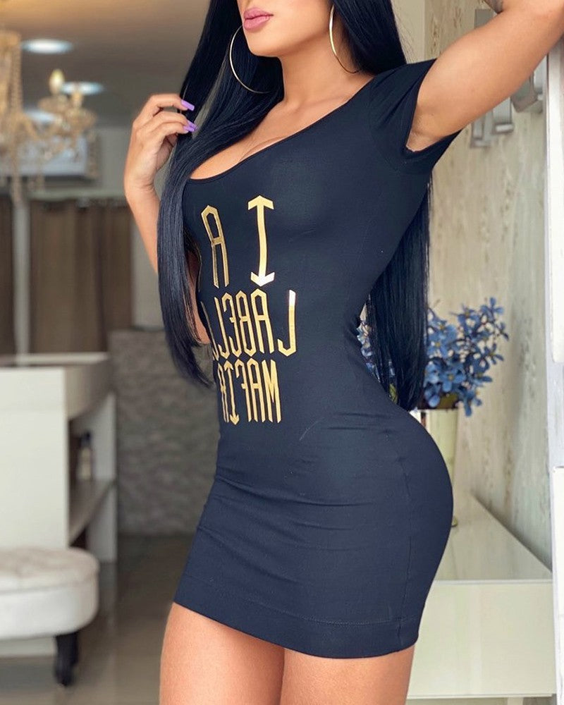 Letter Print Short Sleeve Bodycon Dress