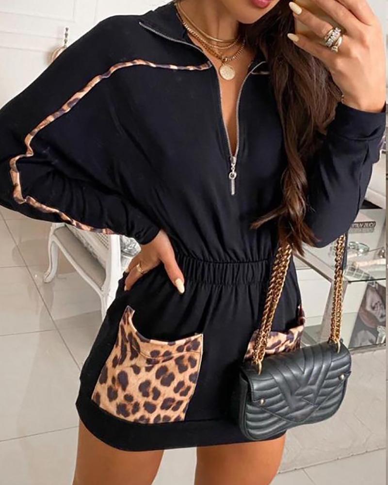Cheetah Print Color Pocket Design Casual Dress
