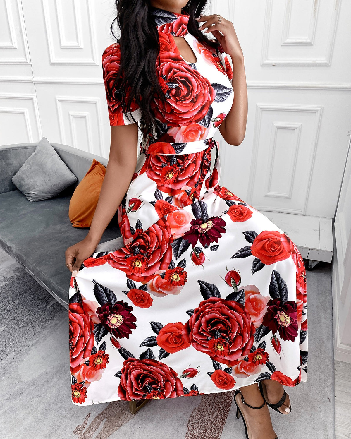 Floral Print Cutout Front Maxi Women Dress