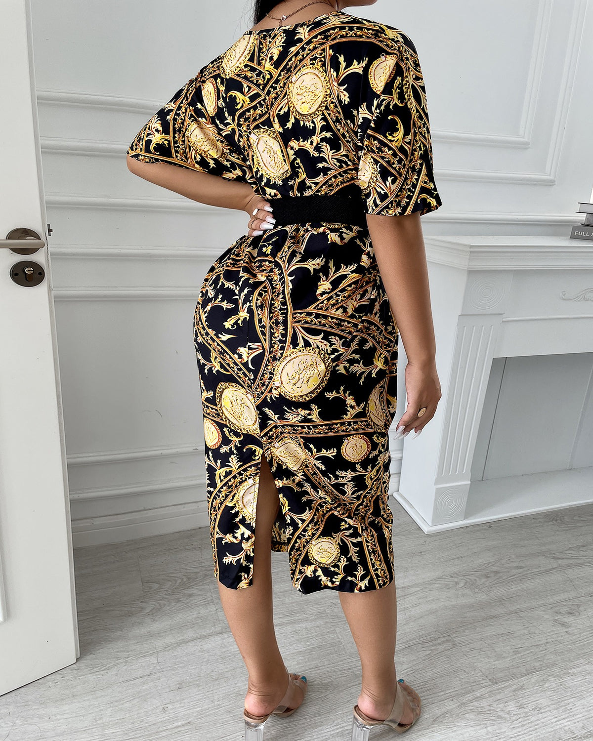 Baroque All Over Print V-Neck Casual Dress