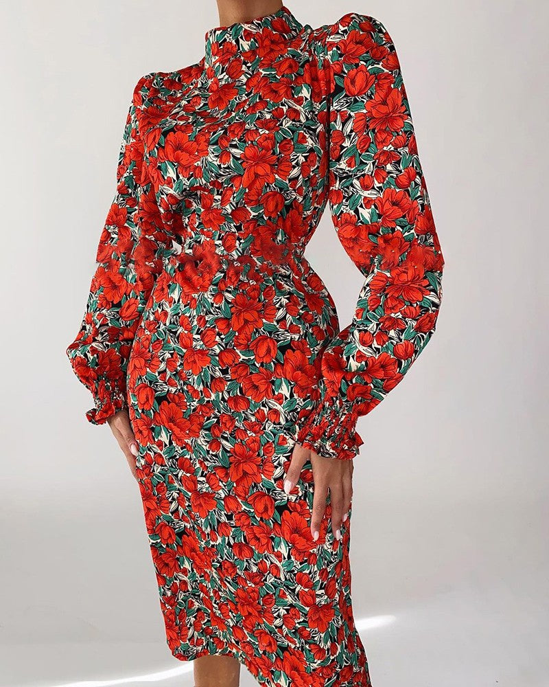 Puff Lantern Sleeve Floral Print Dress