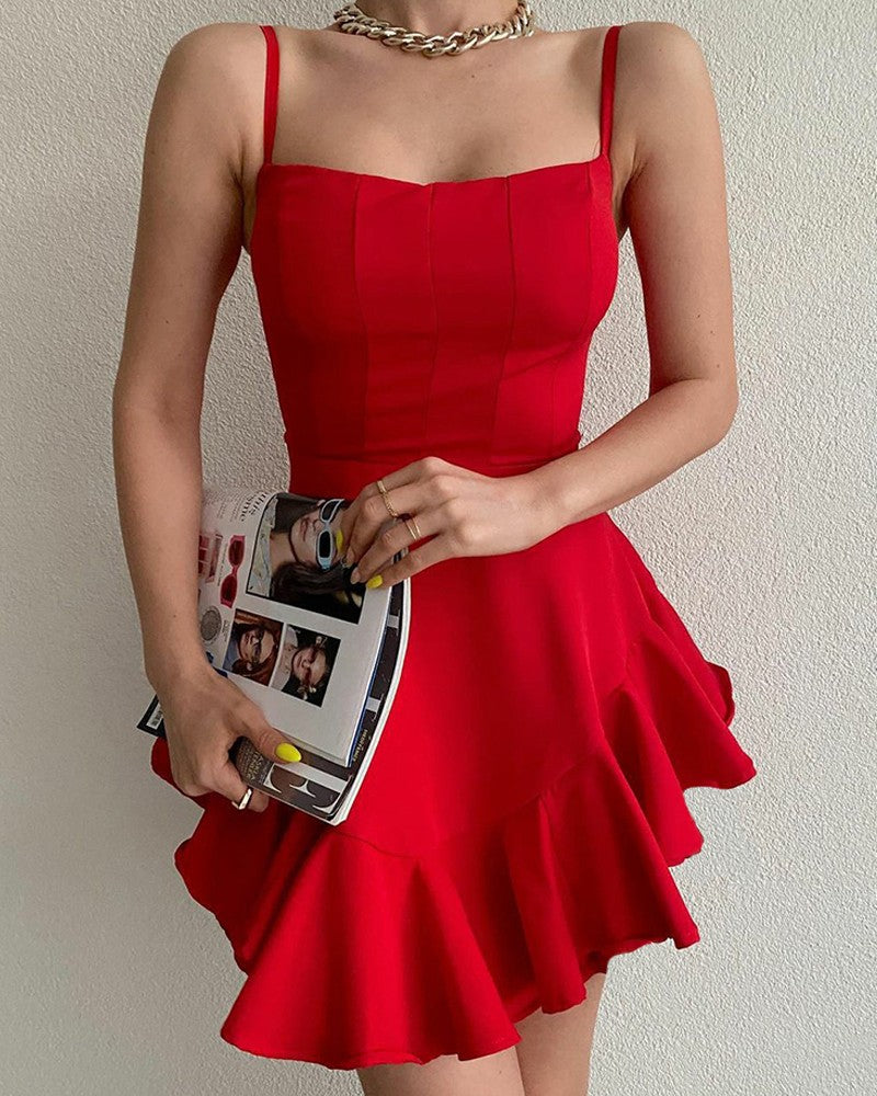 Solid Color Ruffle Hem Cami Dress