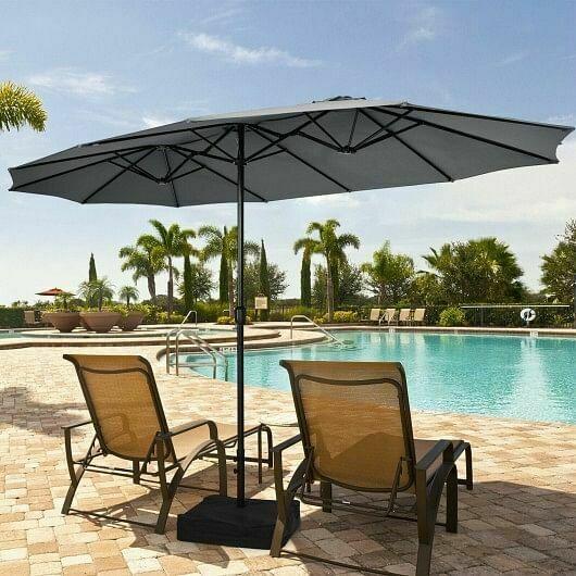 15 Feet Double-Sided Twin Patio Umbrella with Crank and Base Coffee in Outdoor