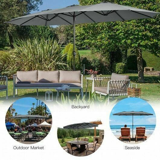 15 Feet Double-Sided Twin Patio Umbrella with Crank and Base Coffee in Outdoor