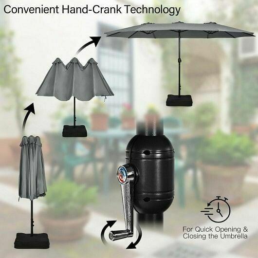 15 Feet Double-Sided Twin Patio Umbrella with Crank and Base Coffee in Outdoor