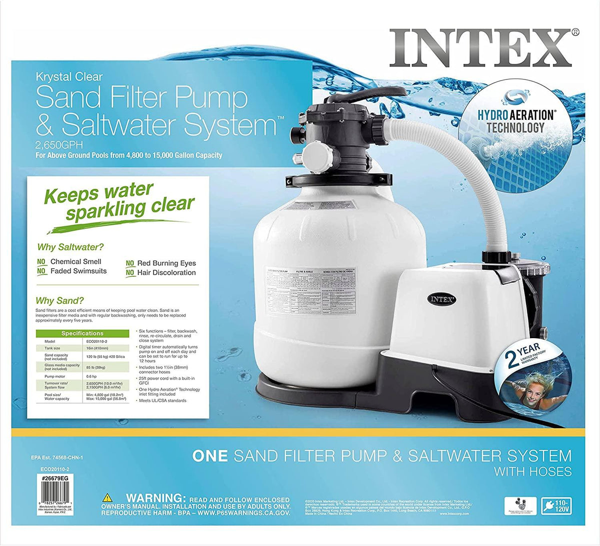 26679EG Krystal Clear 2150 GPH Pump & Saltwater Sand Filter Saltwater System, White/Black