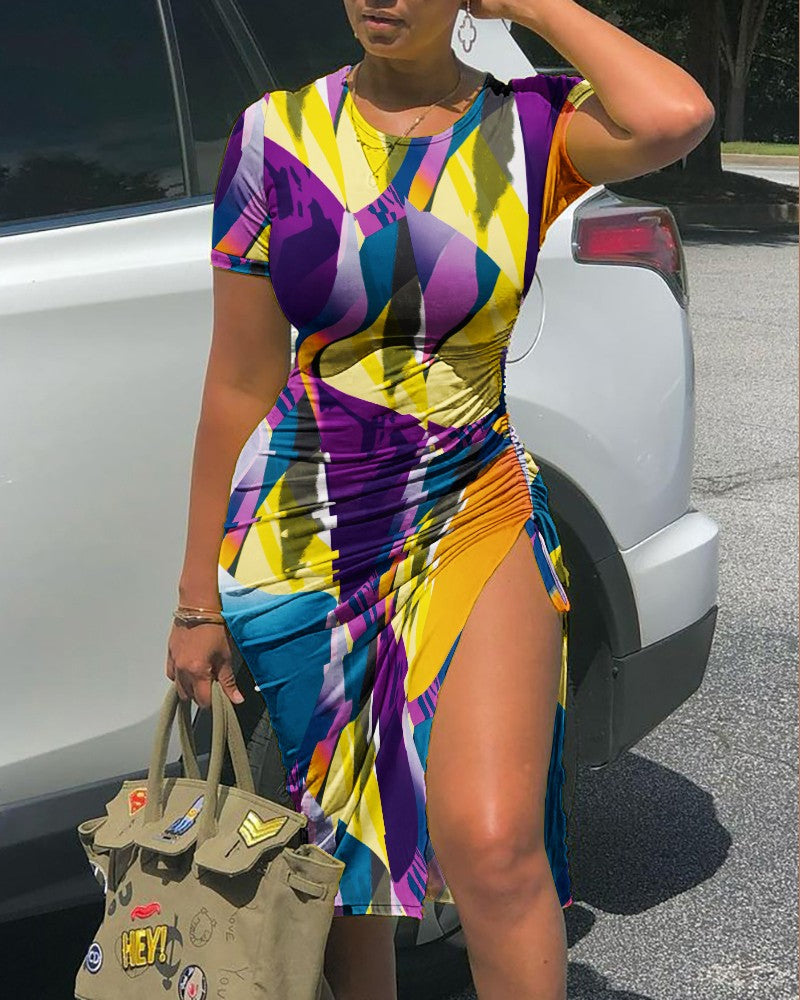 Color Short Sleeve Drawstring Ruched Slit ny Dress