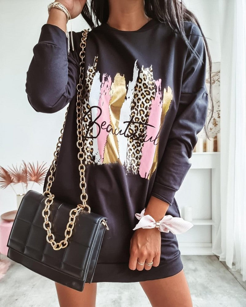 Letter Graphic Print Long Sleeve Sweatshirt Dress