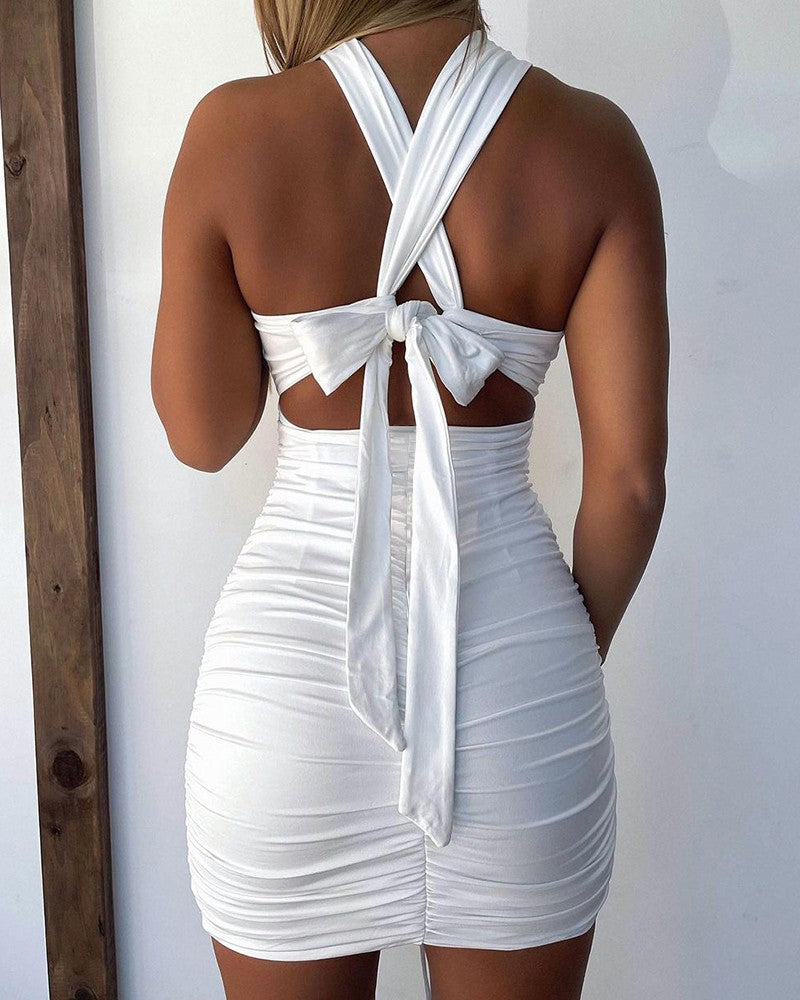 Drawstring Ruched Halter Cutout Front Bodycon Dress