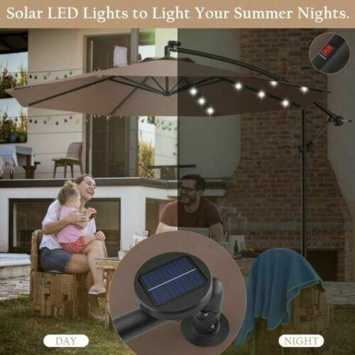 Durable 10 Inch Patio Hanging Solar LED Umbrella Sun Shade with Cross Base-Tan