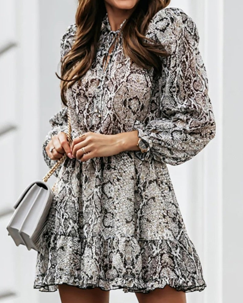 Snake Print Tied Detail Lantern Sleeve Dress