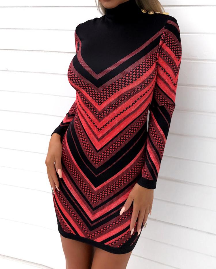 Chevron Stripes Print Button Detail Bodycon Dress