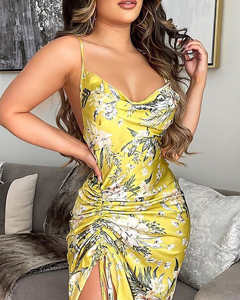 Satin Cowl Neck Drawstring Ruched Floral Print Dress