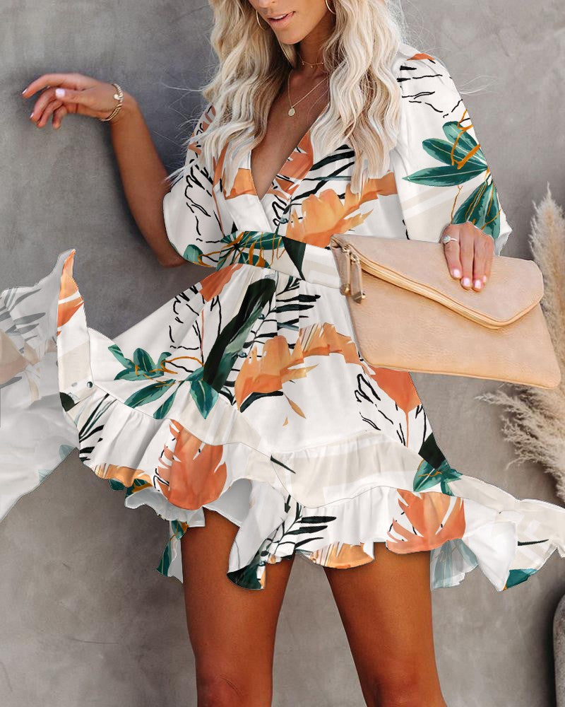 Floral Print V-Neck Ruffle Hem Dress