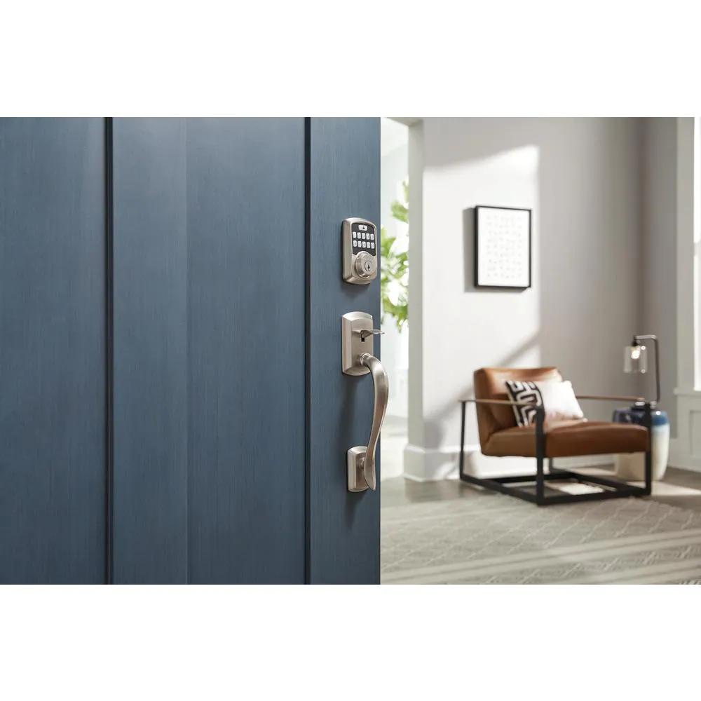 Aura Satin Nickel Single Cyl. Elec. BT Keypad Smart Lock Deadbolt Feat SmartKey Security/Avalon Handle and Tustin Lever