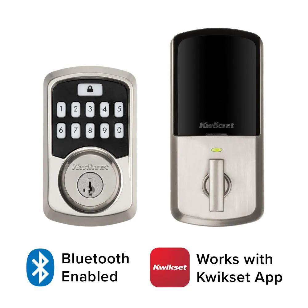 Aura Satin Nickel Single Cyl. Elec. BT Keypad Smart Lock Deadbolt Feat SmartKey Security/Avalon Handle and Tustin Lever