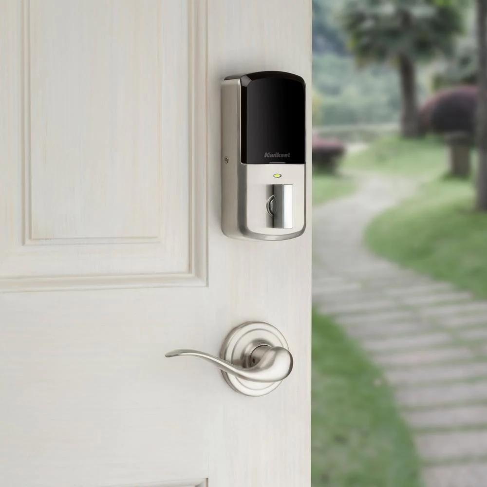 Aura Satin Nickel Single Cyl. Elec. BT Keypad Smart Lock Deadbolt Feat SmartKey Security/Avalon Handle and Tustin Lever