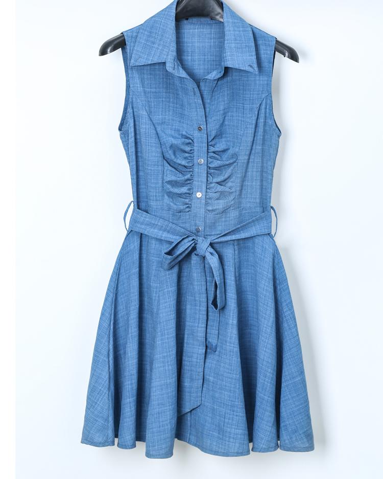 Summer Sleeveless V-Neck Dress Tie Waist Mini Shirt Dress Style