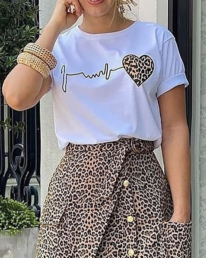 Heart Cheetah Print Top & Buttoned Asymmetrical Skirt Set