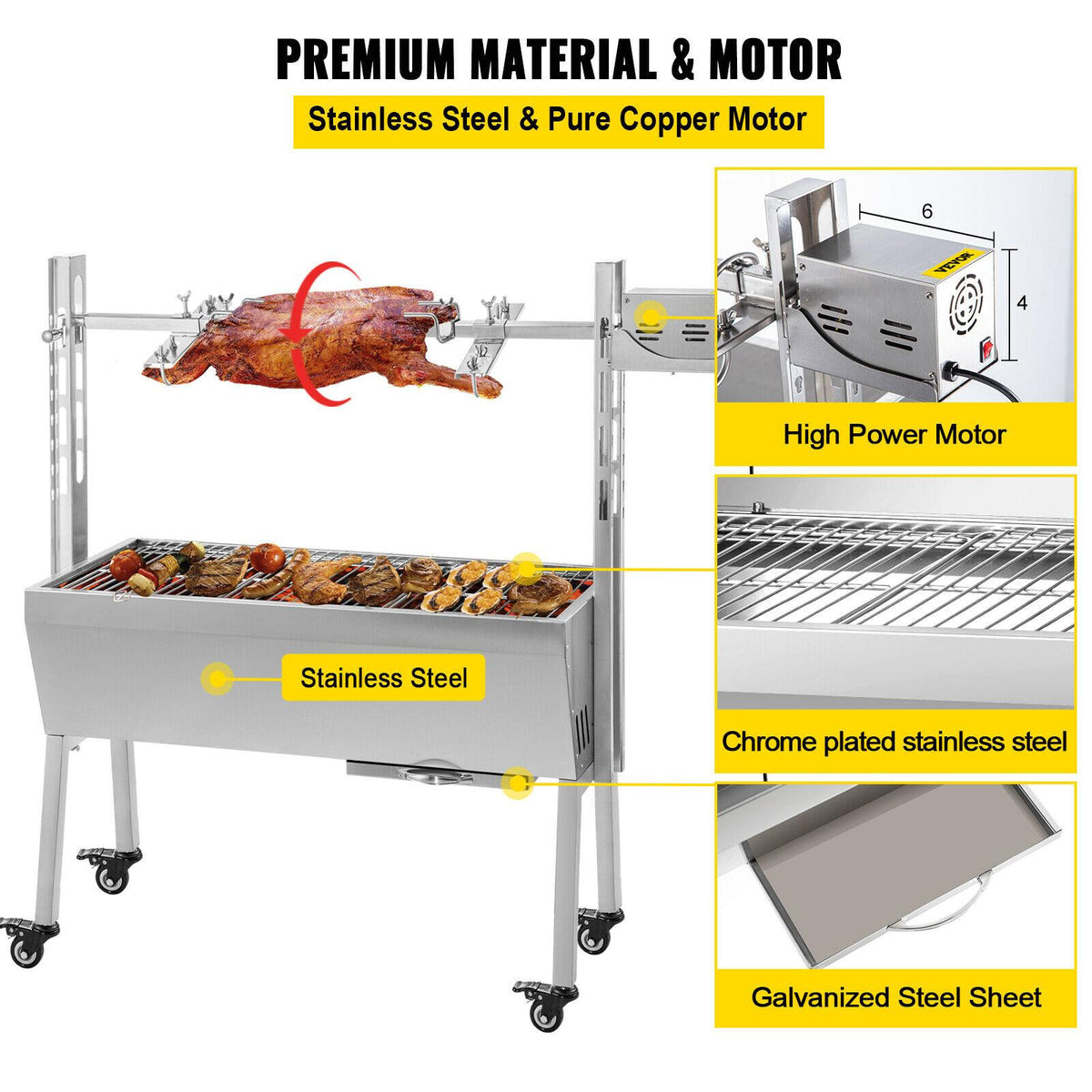 42'' 88Lbs Stainless Lamb Roaster Rotisserie Spit Wind Shield Charcoal Pig