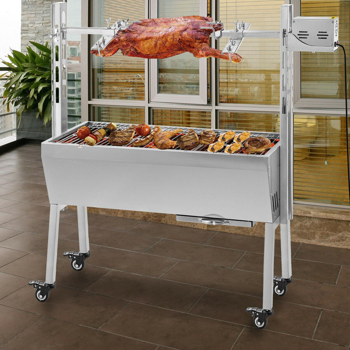 42'' 88Lbs Stainless Lamb Roaster Rotisserie Spit Wind Shield Charcoal Pig