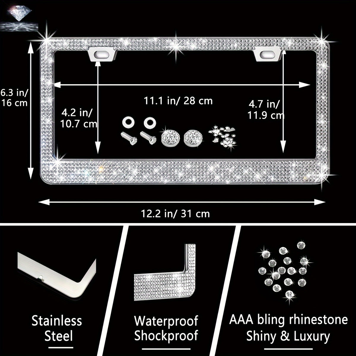 27pcs Bling Car Accessories Set For Women, Bling Steering Wheel Covers Universal Fit 15 Inch, Bling License Plate Frame,  Phone Holder, Car Coasters