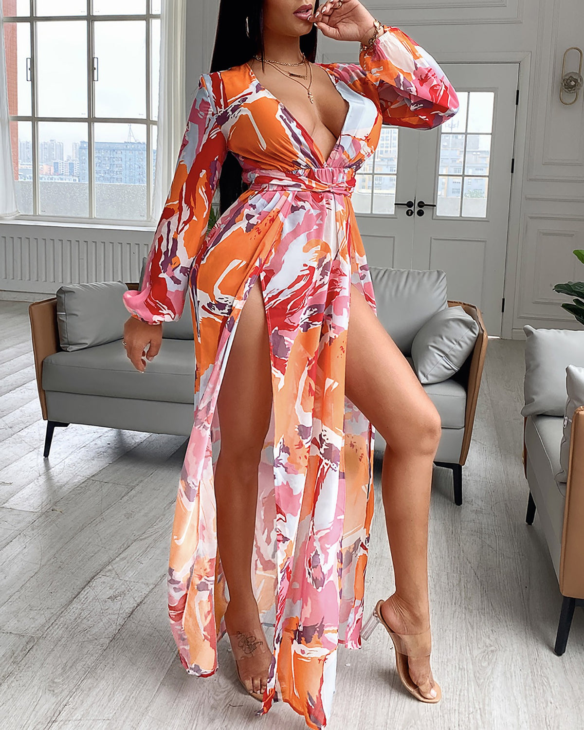 Color High Slit Plunge Lantern Sleeve Maxi Dress