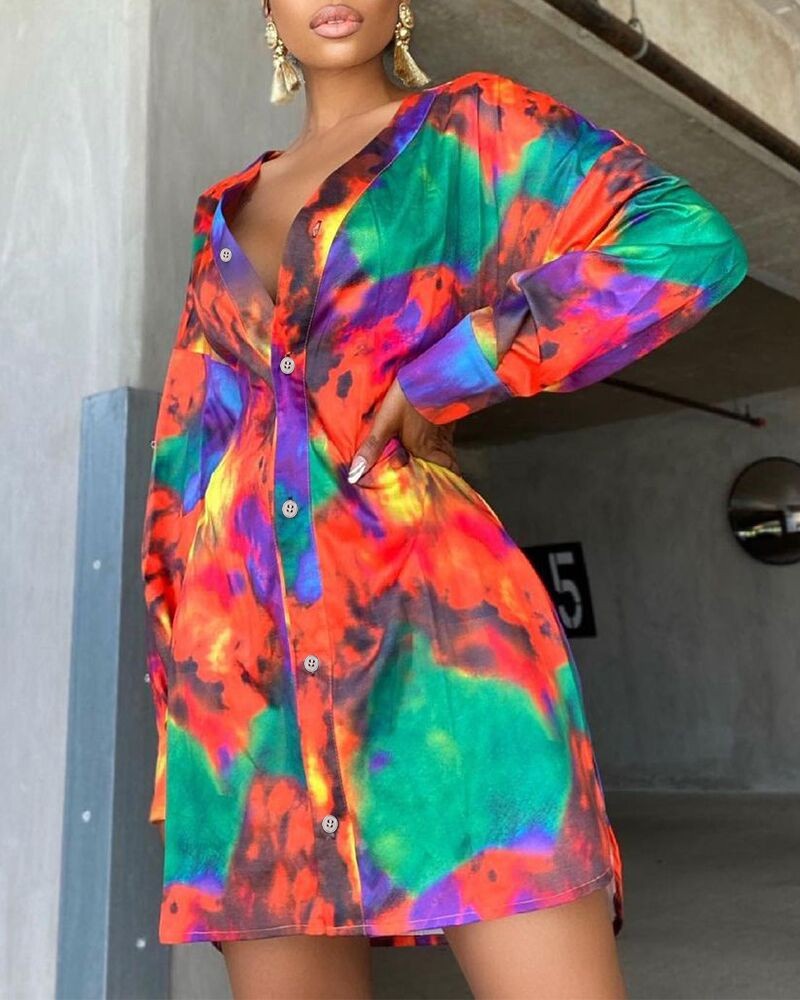 Tie Dye Long Sleeve Button Front Shirt Dress