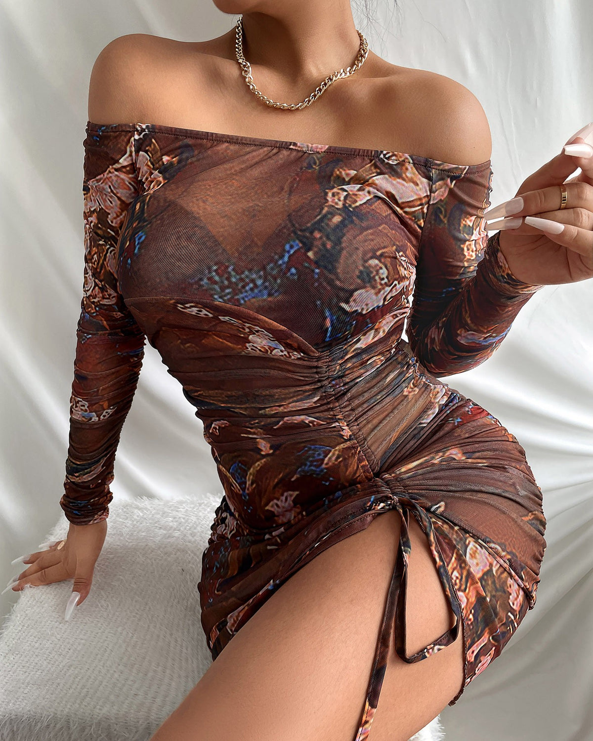 Floral Print See Through Drawstring Ruched Bodycon Dress