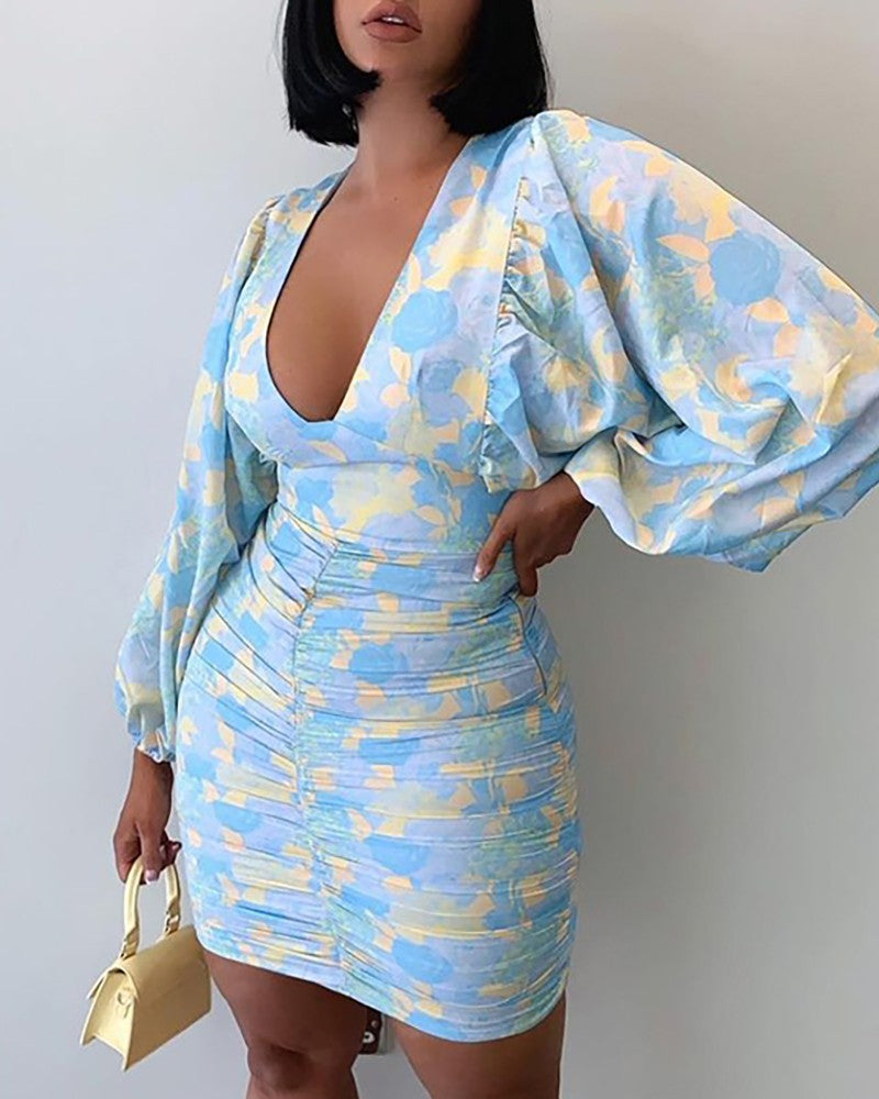 Floral Pattern Print Lantern Sleeve Ruched Bodycon Dress Sexy V-neck Dress
