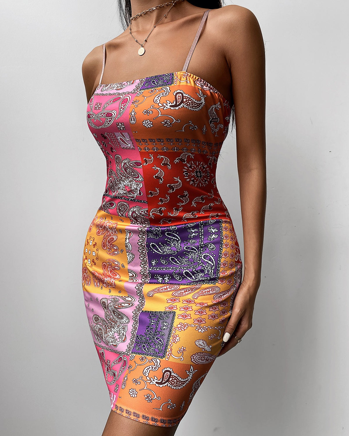 Paisley Print Spaghetti Strap Square Neck Bodycon Dress