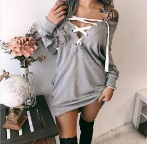 Women's Clothing - 2021 Sexy Deep V Neck Lace-up Pocket Casual Sweatshirt