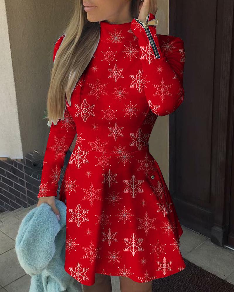 Christmas Snowflake Print Zip Decor Dress1