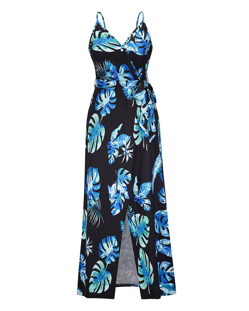 Tropical / Polkadot Print Striped High Slit Maxi Dress