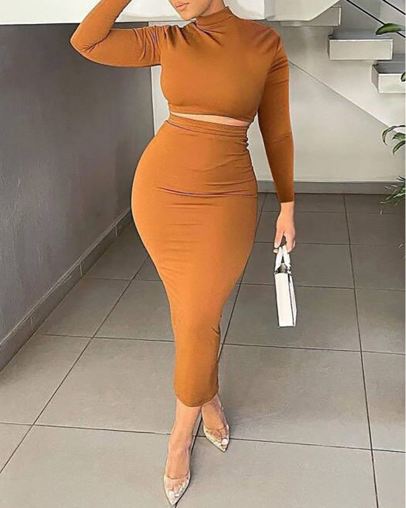Long Sleeve Crop Top & High Waist Skirt Set