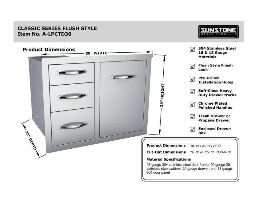Sunstone 30" 304 Stainless Steel Flush Tank Tray Triple Drawer Combo A-LPCTD30