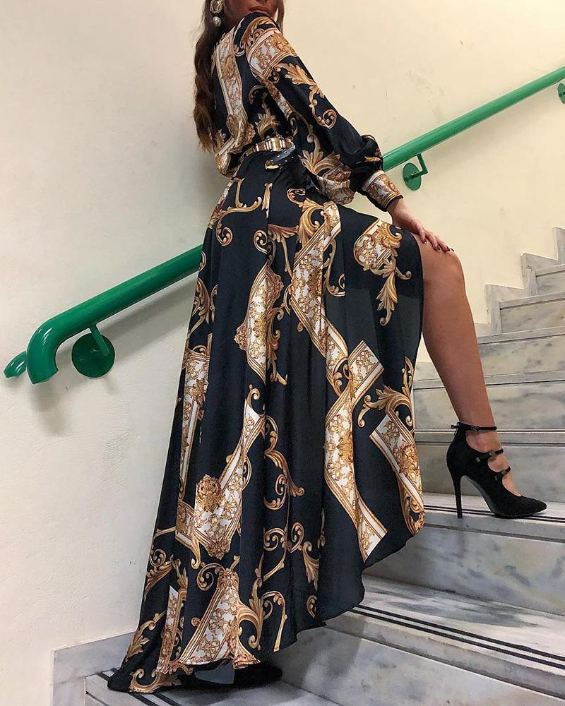 Baroque Print Lantern Sleeve Maxi Dress